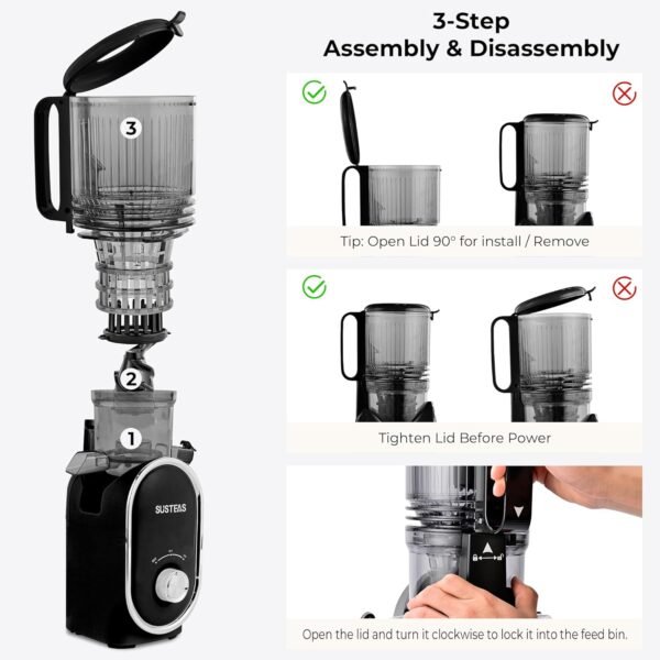 SUSTEAS Cold Press Juicer, 5.3 Inch Large Feed Opening, Slow Masticator Chute, For Whole Vegetables and Fruits, High Yield, Easy to Clean Springtok Steel - Image 5